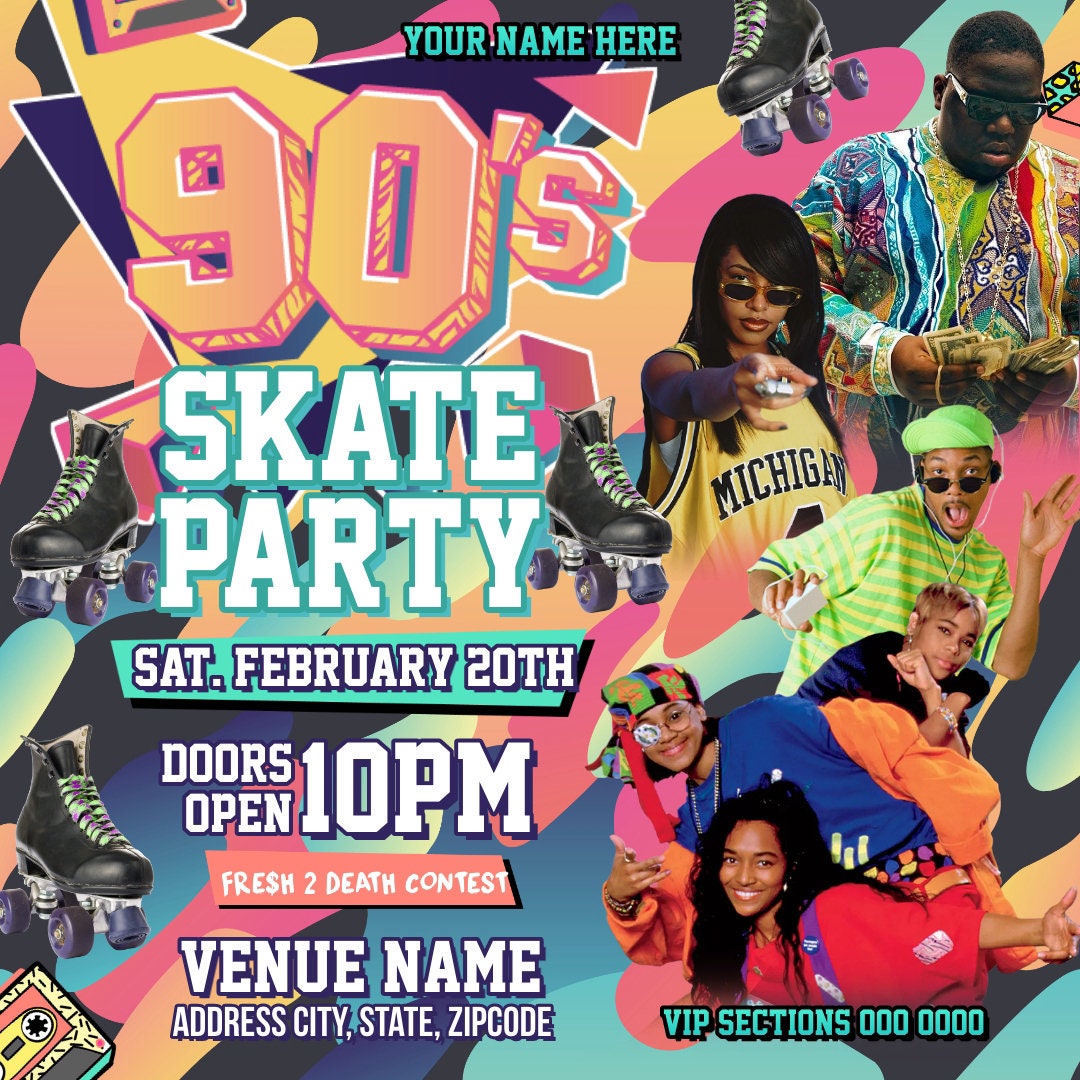 Abstract Swirl 90's Birthday Skate Party Flyer Editable Template