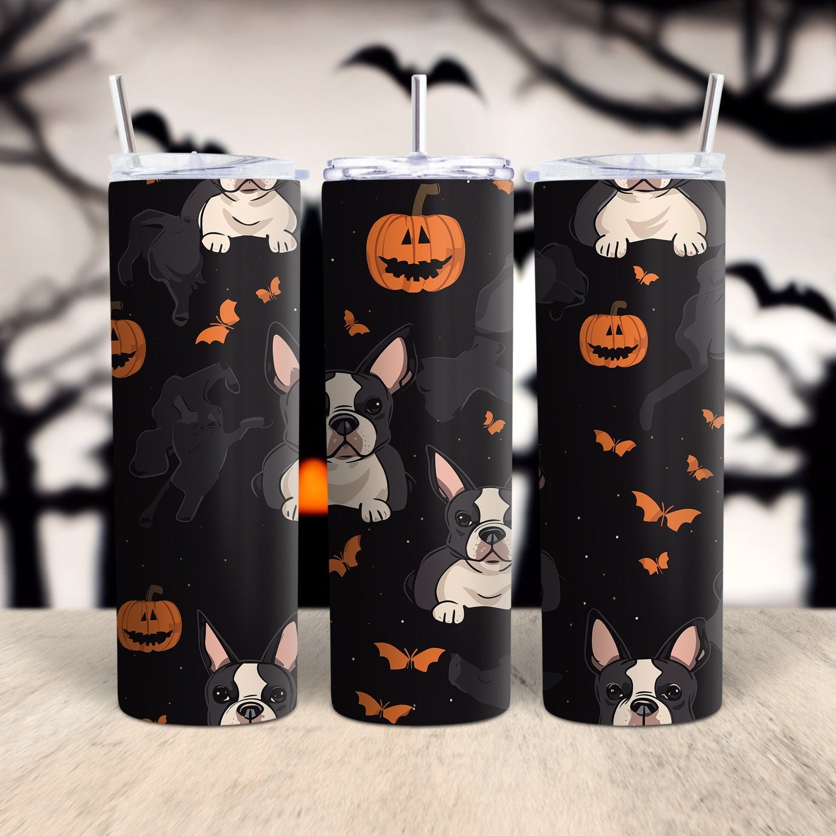 A digital graphic design featuring cartoon-style dogs in Halloween costumes on a black background with orange and black accents, intended for use in sublimation printing on tumblers or other items.