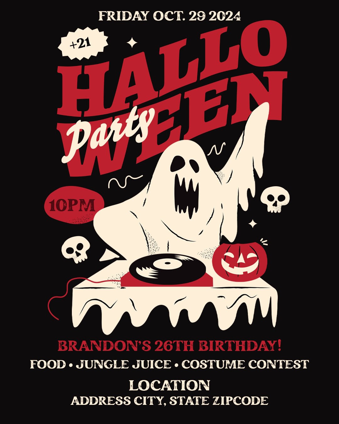 Halloween DJ Ghost Party Invitation Editable Template