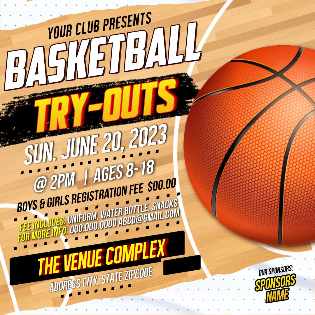 Basketball Tryouts Flyer Editable Template