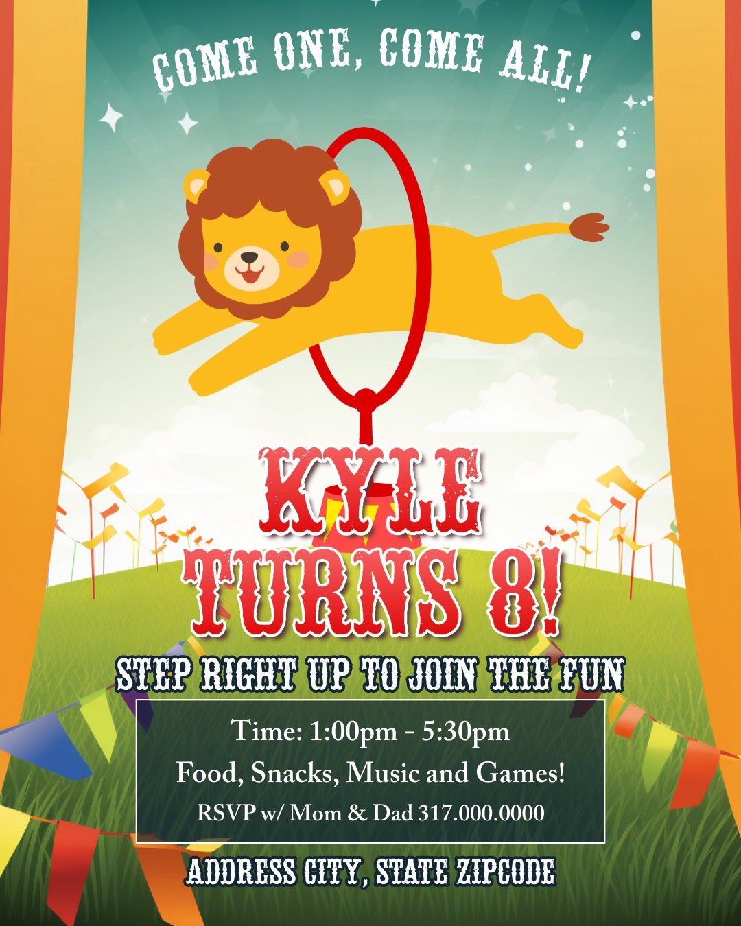 Circus Theme Birthday Party Invitation Editable Template