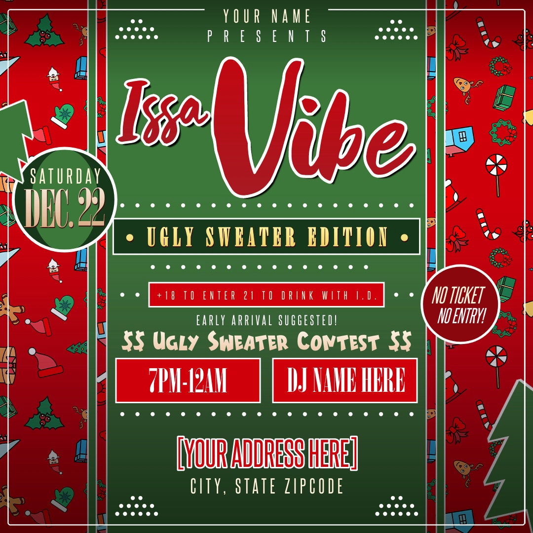 Issa Vibe Ugly Sweater Christmas Party Flyer Editable Template