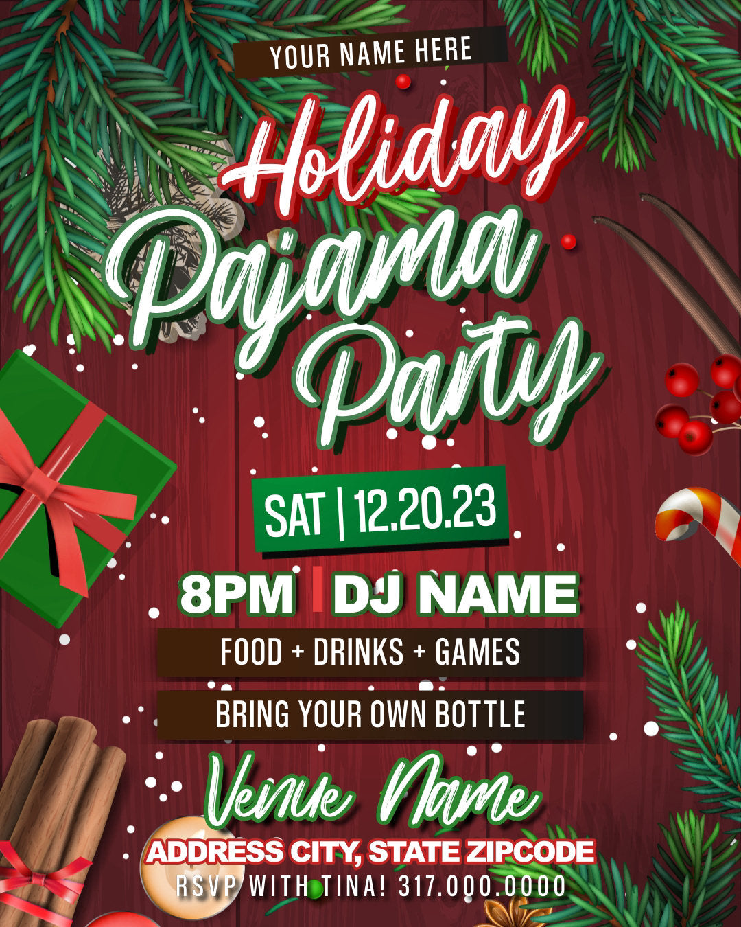 Holiday Pajama Party Flyer Editable Template