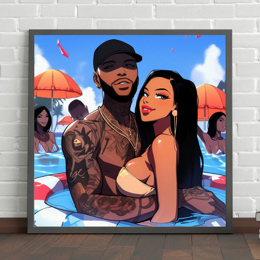 Black Love, Black Couple, Pool Party, Instant Download, Digital Art Prints, Digital Art, Young Couple, Hip Hop Art, Png, Illustrations, Jpg
