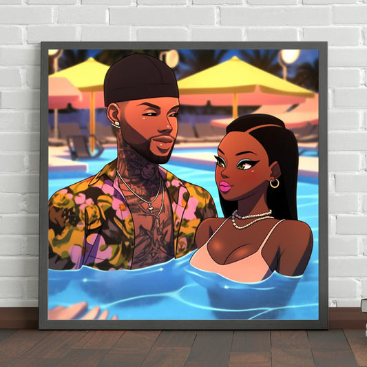 Digital Art, African American Couple, Pool Party, Black Art, Black Love, Black Couple Art, Instant Download, Young Black Couple, Cartoon