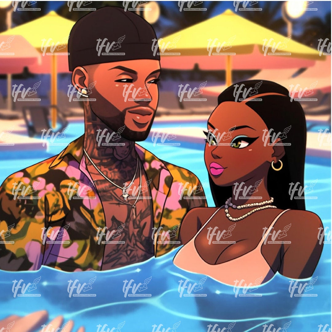 Digital Art, African American Couple, Pool Party, Black Art, Black Love, Black Couple Art, Instant Download, Young Black Couple, Cartoon