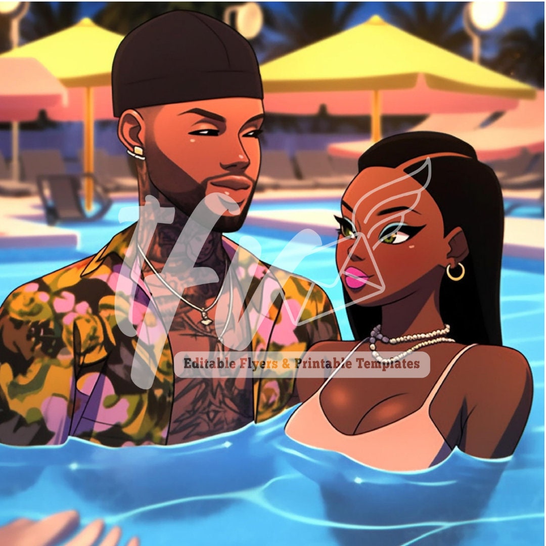 Digital Art, African American Couple, Pool Party, Black Art, Black Love, Black Couple Art, Instant Download, Young Black Couple, Cartoon