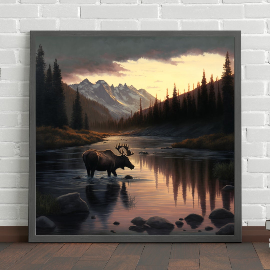 Moose River and Mountains Golden Hour Printable Art