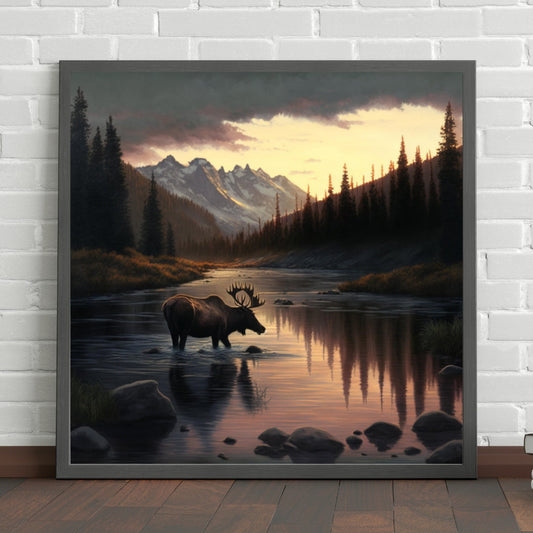 Moose River and Mountains Golden Hour Printable Art