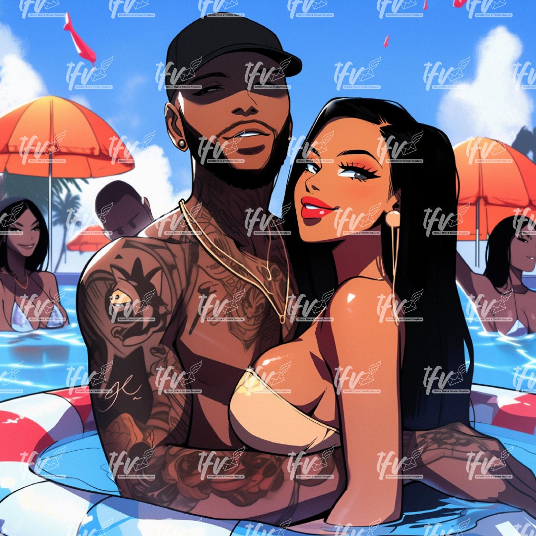 Black Love, Black Couple, Pool Party, Instant Download, Digital Art Prints, Digital Art, Young Couple, Hip Hop Art, Png, Illustrations, Jpg
