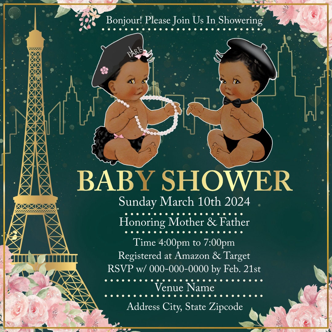 Twins in Paris Baby Shower Invitation Editable Template