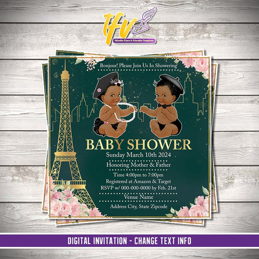 Twins in Paris Baby Shower Invitation Editable Template