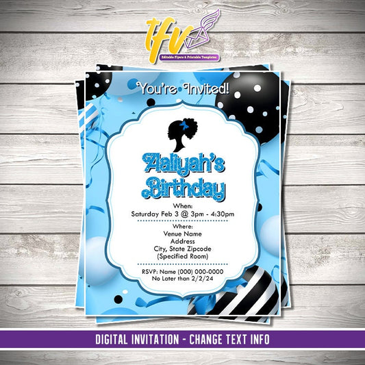 Barbie Doll Theme Birthday Party Flyer Editable Template (Blue)