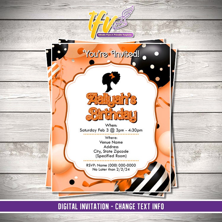 Barbie Doll Theme Birthday Party Flyer Editable Template (Orange)