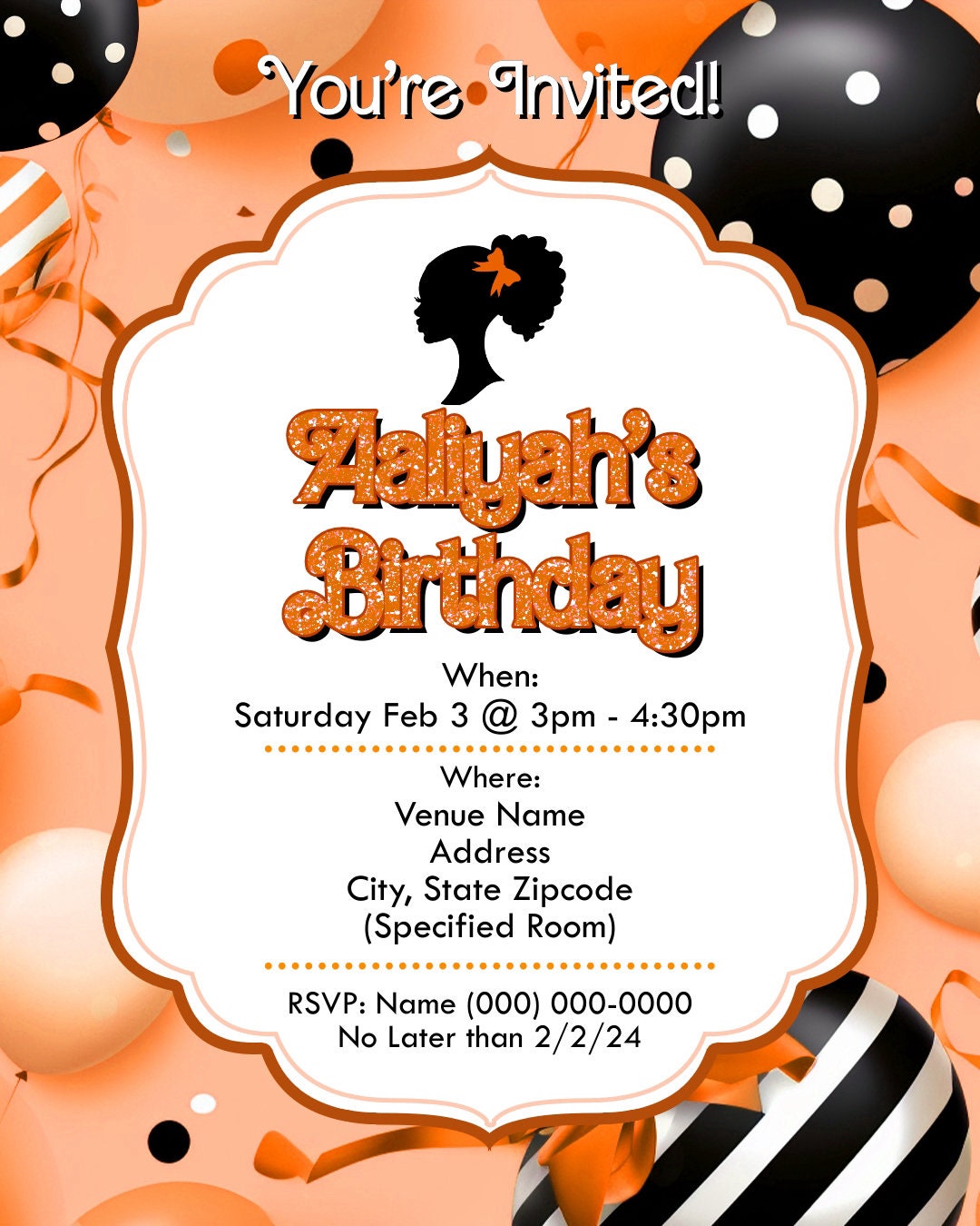 Barbie Doll Theme Birthday Party Flyer Editable Template (Orange)