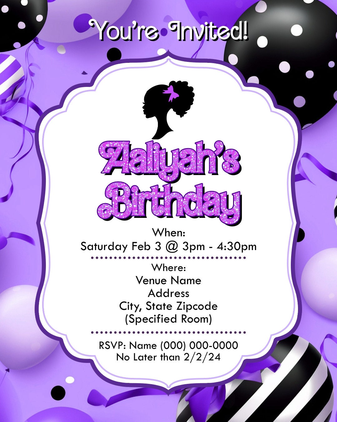 Barbie Doll Theme Birthday Party Flyer Editable Template (Purple)