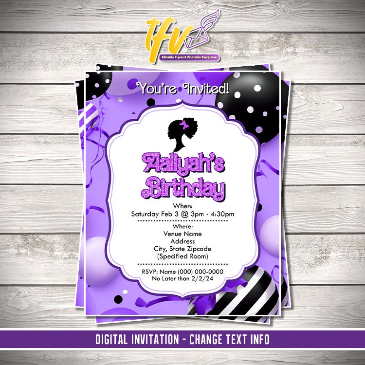Barbie Doll Theme Birthday Party Flyer Editable Template (Purple)