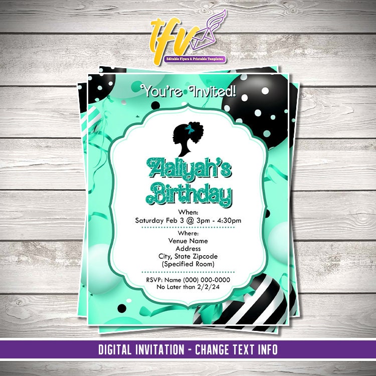 Barbie Doll Theme Birthday Party Flyer Editable Template (Tiffany)