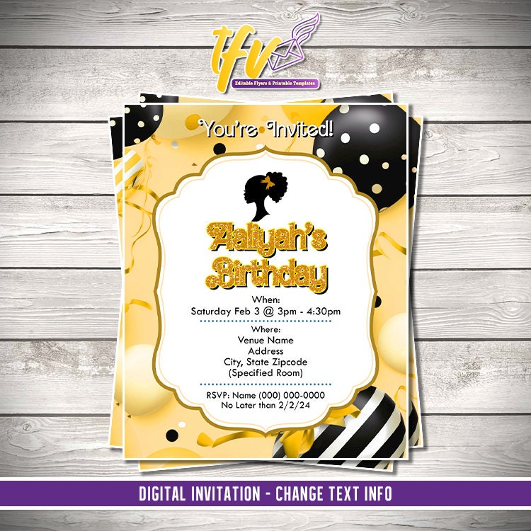 Barbie Doll Theme Birthday Party Flyer Editable Template (Yellow)