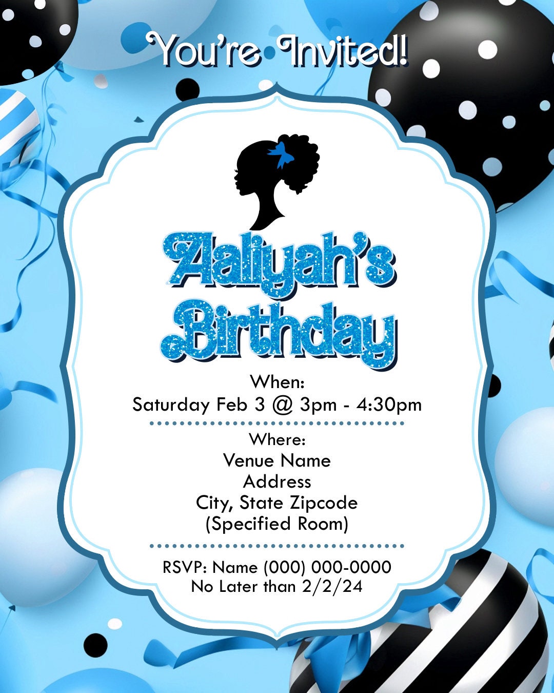 Barbie Doll Theme Birthday Party Flyer Editable Template (Blue)
