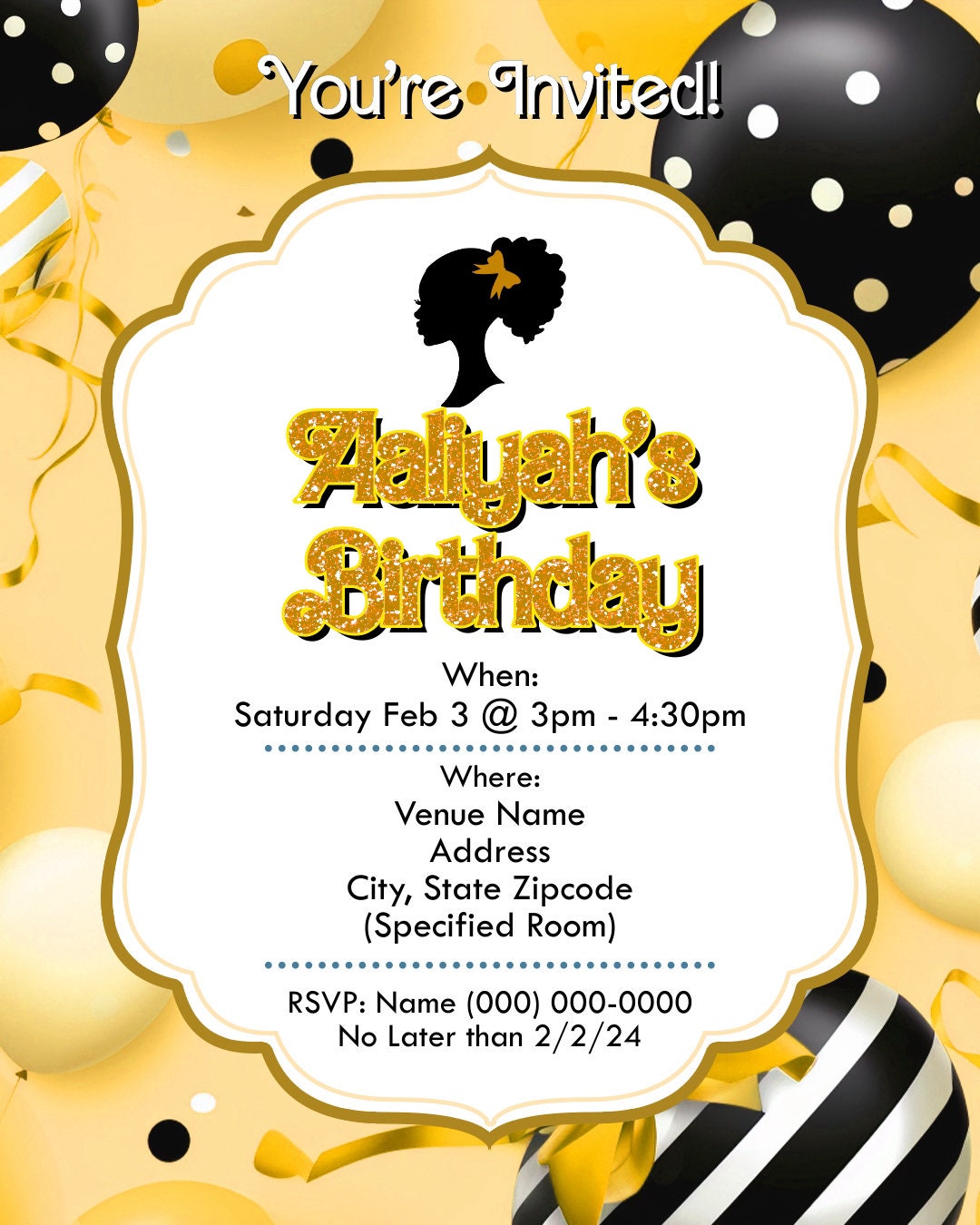 Barbie Doll Theme Birthday Party Flyer Editable Template (Yellow)
