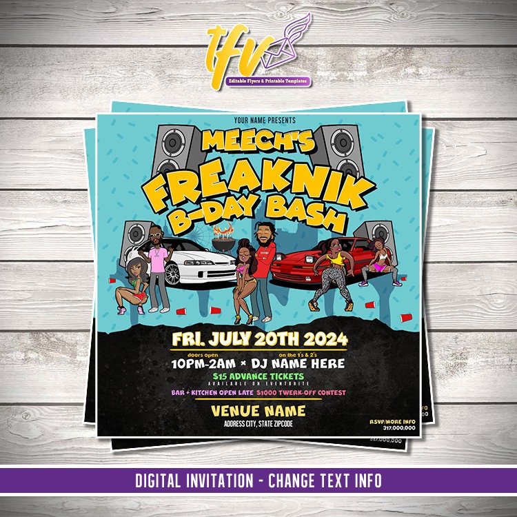 Freaknik Birthday Bash Party Flyer Editable Template (Teal)