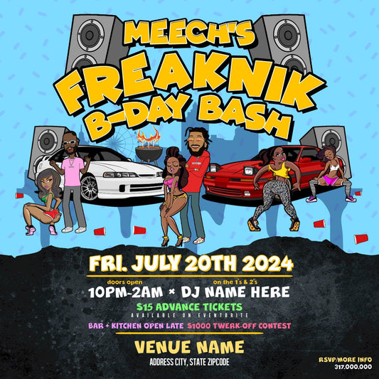Freaknik B-Day Bash (Light Blue) Invitation – Editable Template (Corjl Design)