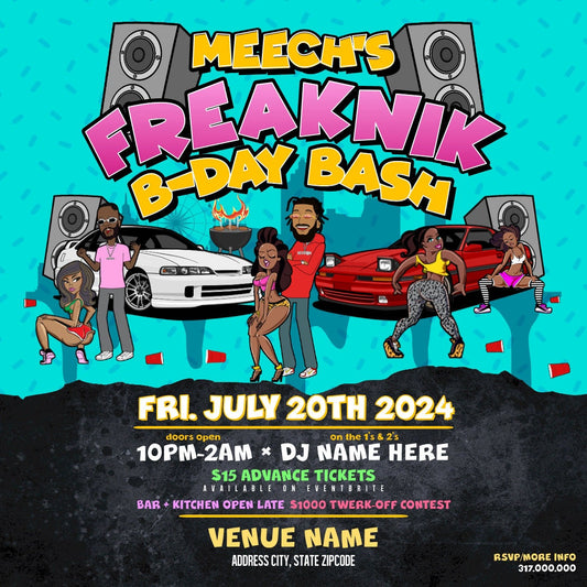 Freaknik (Neon Blue) Birthday Bash Invitation – Editable Template (Corjl Design)