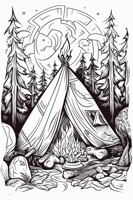 Camping Coloring Page, Camp, Coloring Book Page, Adult Coloring Book Pages, Improve Focus, Improve Motor Skills, Adult Worksheet, Art File