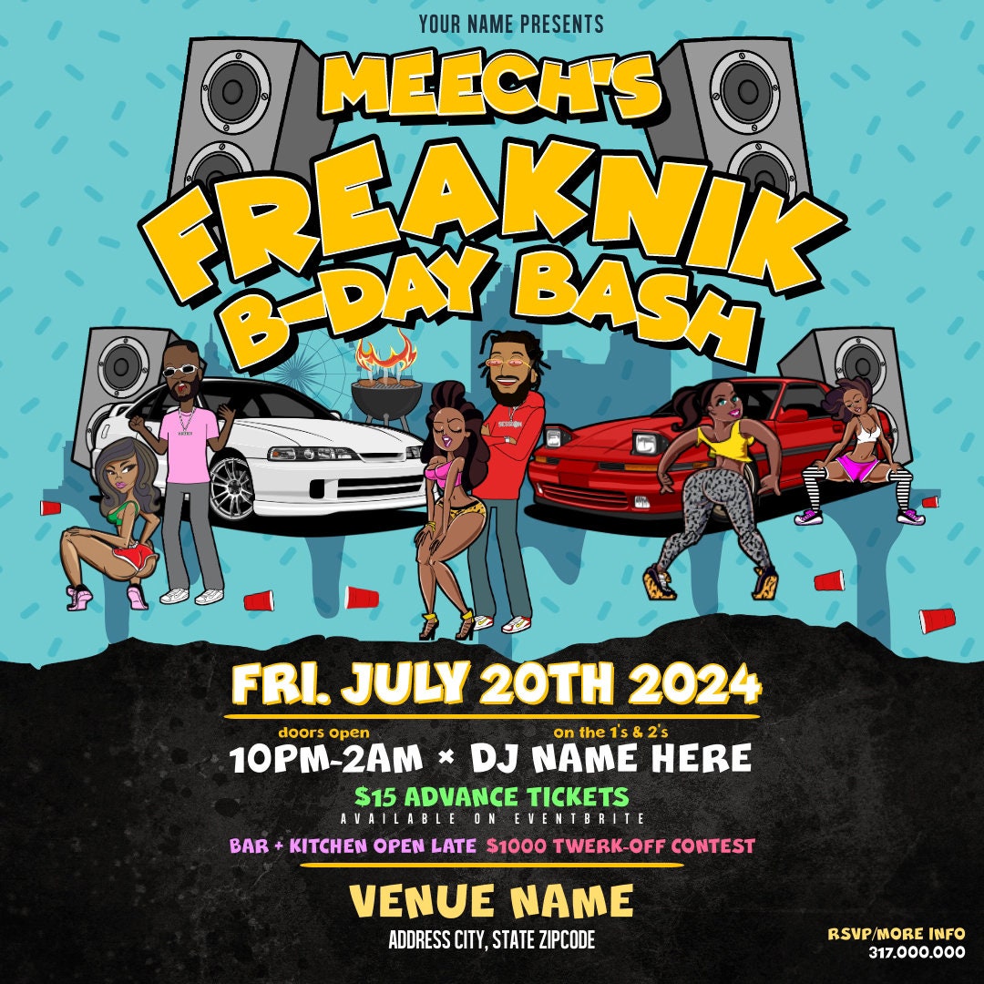 Freaknik Birthday Bash Party Flyer Editable Template (Teal)