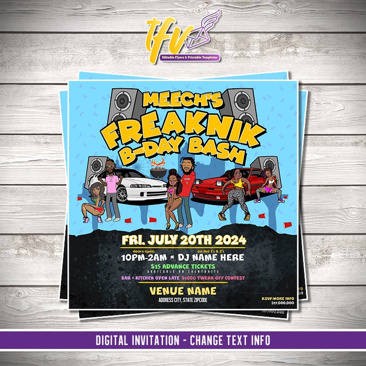 Freaknik Birthday Bash Party Flyer Editable Template (Light Blue)