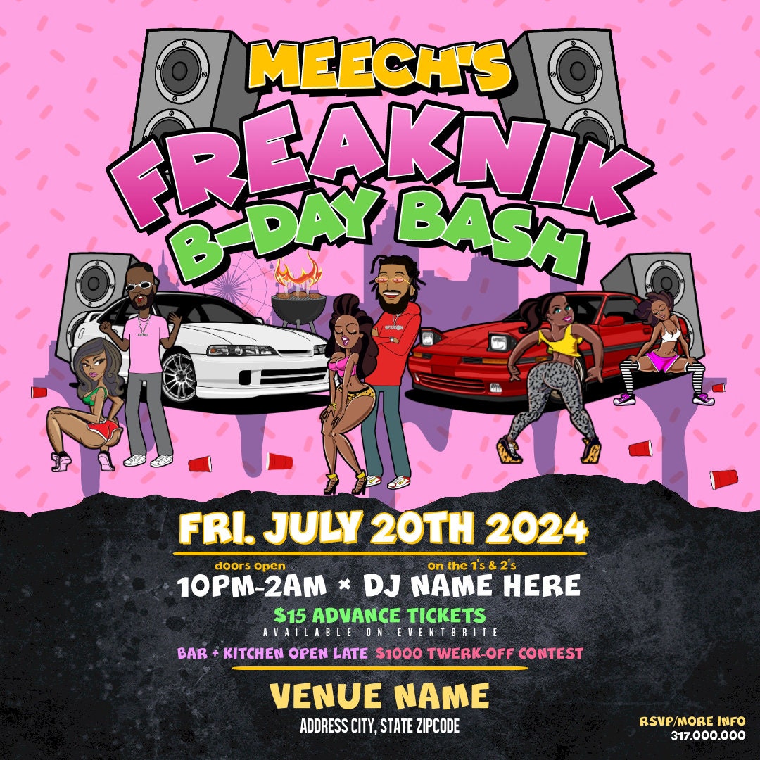 Freaknik Birthday Bash Party Flyer Editable Template (Pink)