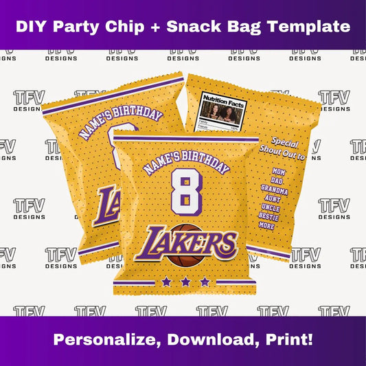 Lakers Birthday Party Chip Snack Bag Editable Template