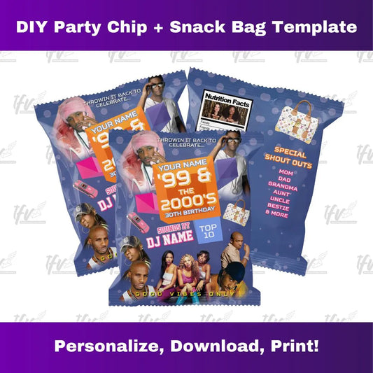 99 and the 2000's Birthday Party Chip Bag Editable Template (Camron & Missy Purple)