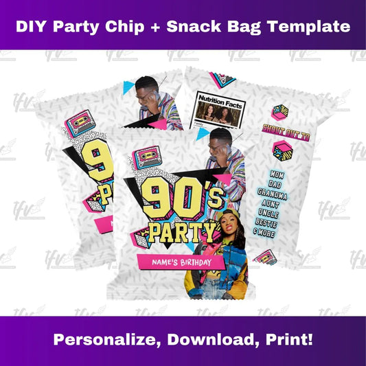 90s Retro Vibe Birthday Party Chip Bag Editable Template