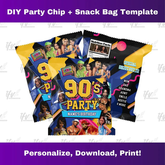Neon Rave 90's Birthday Party Chip Bag Template
