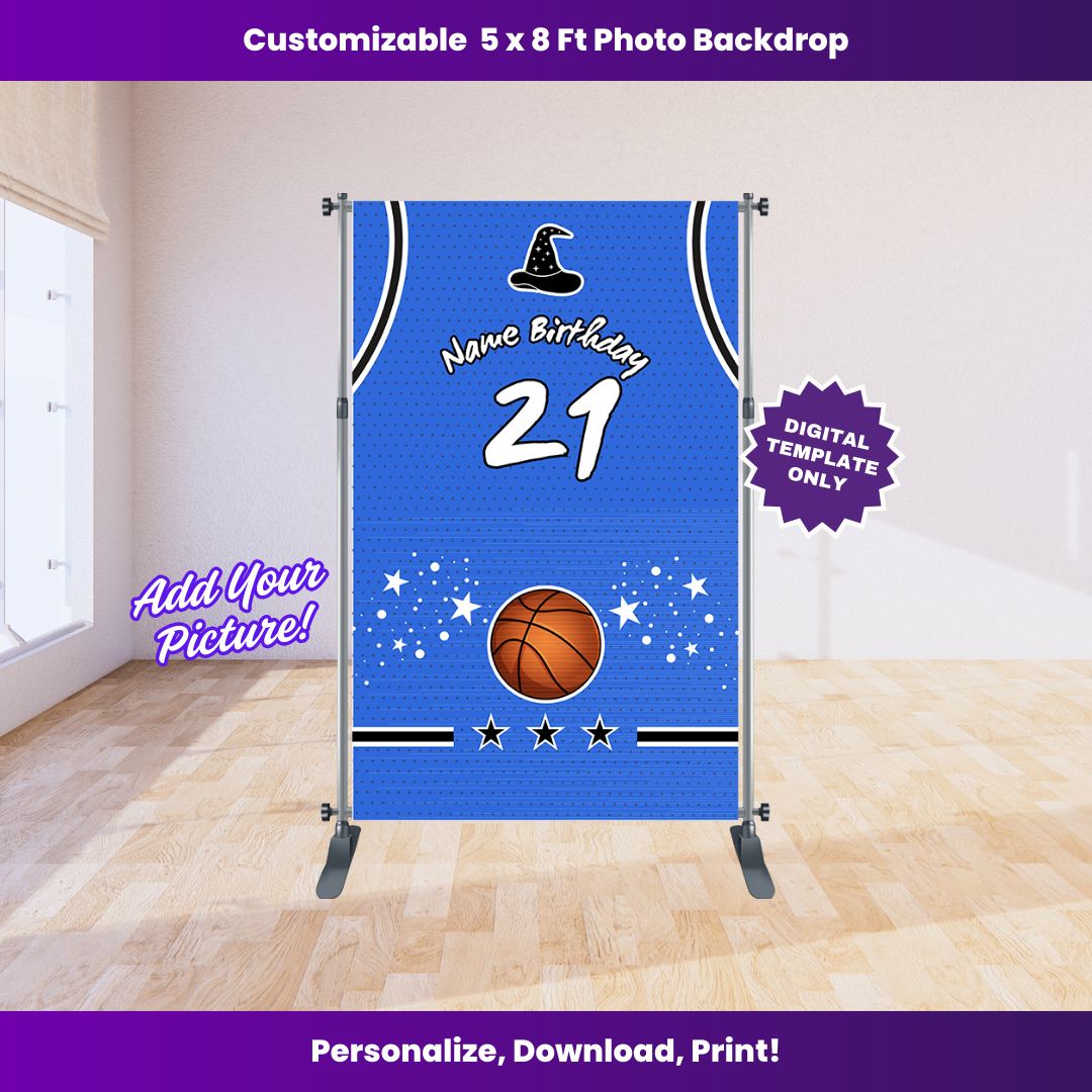 Customizable basketball jersey photo backdrop with digital template label