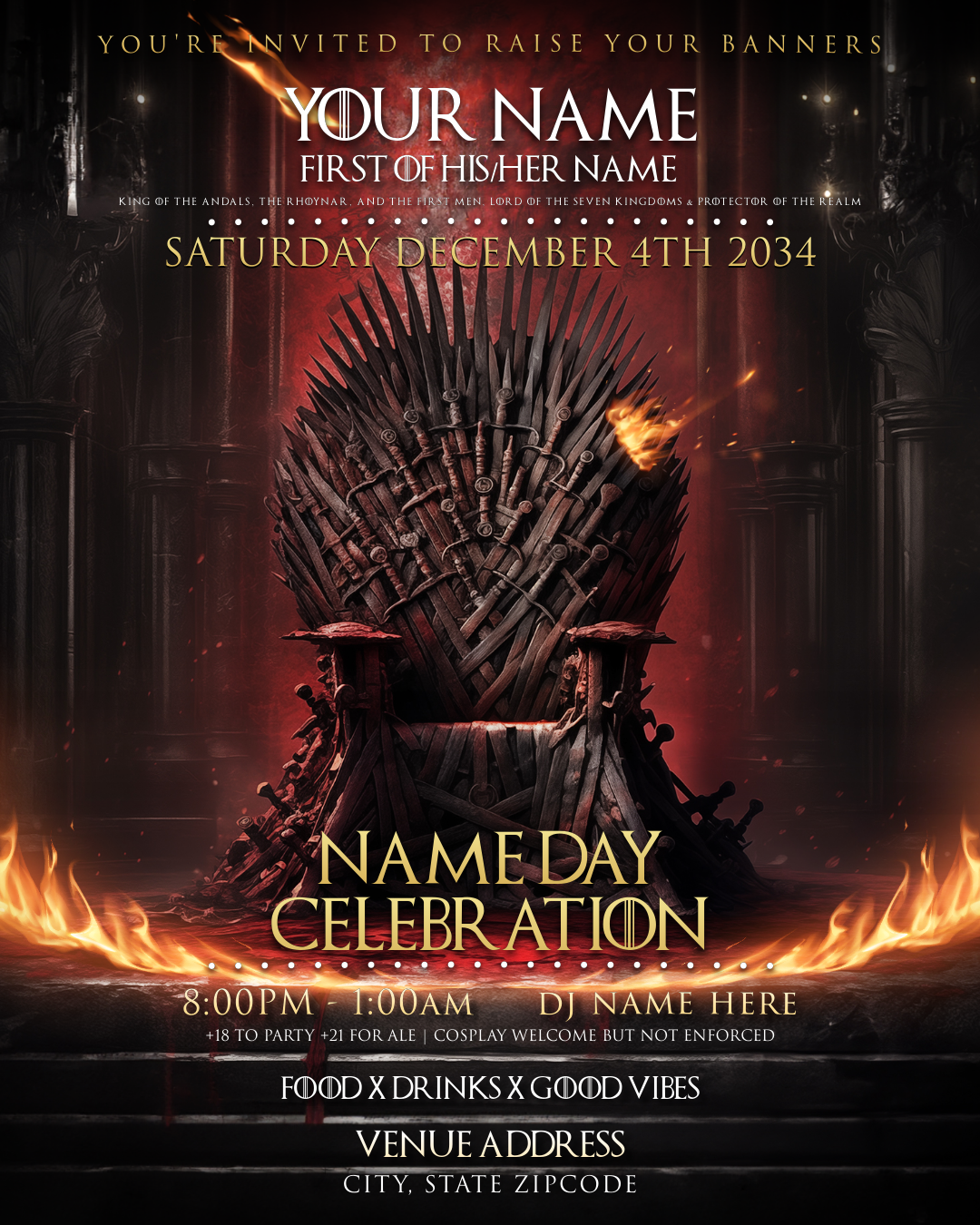 Name Day Game of Thrones Birthday Party Flyer Editable Template