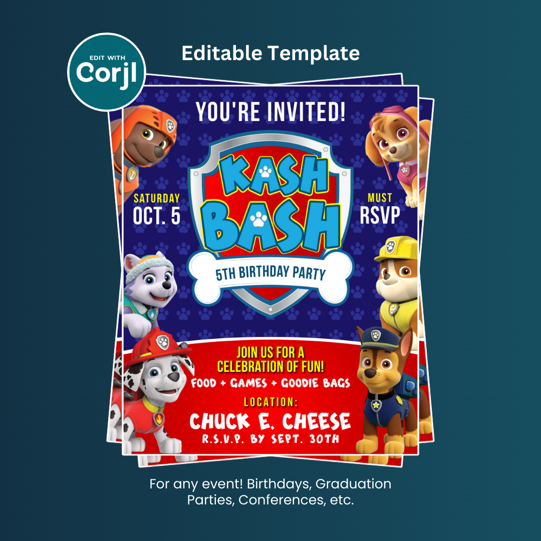 Paw Patrol Kid Birthday Party Flyer Editable Template