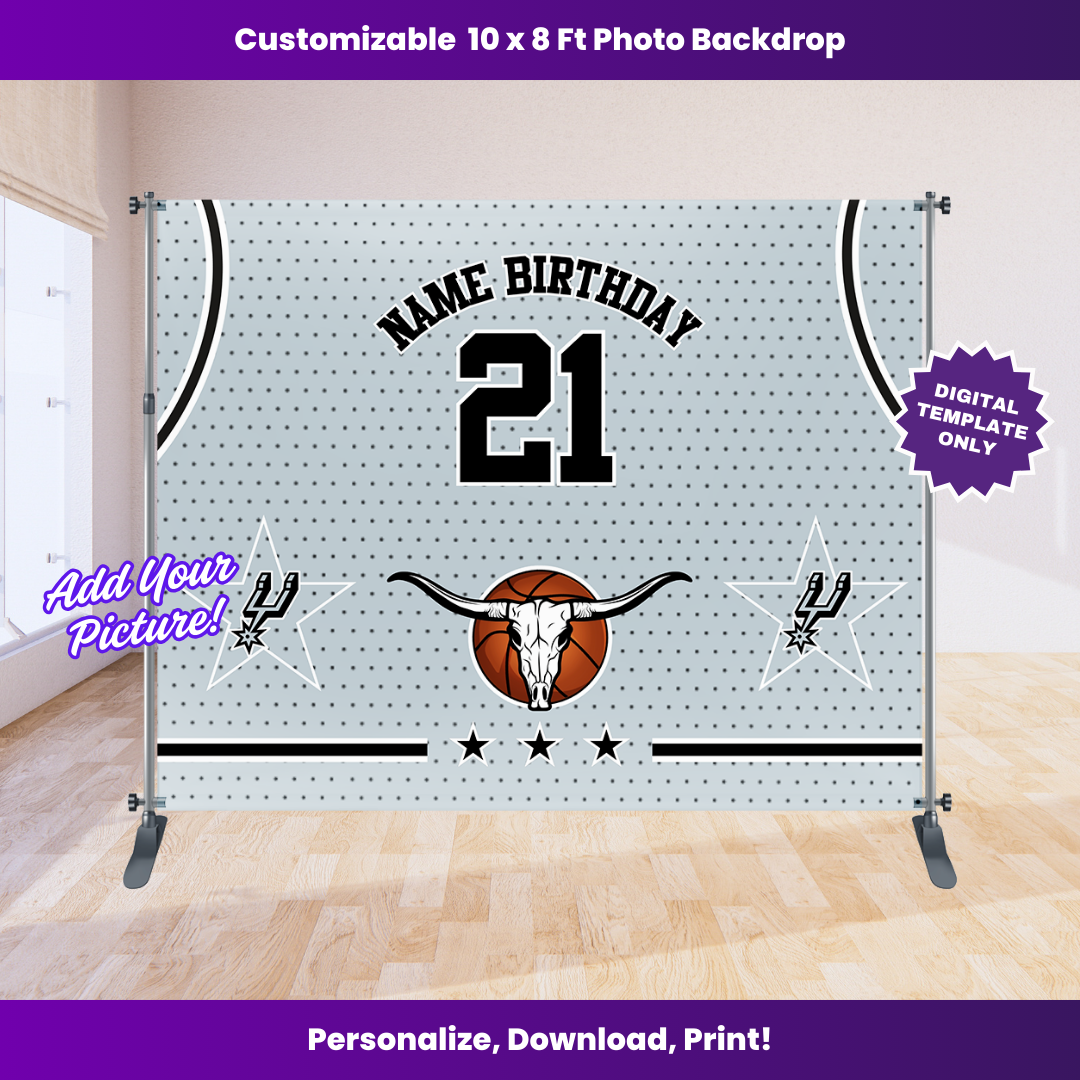 Spurs Basketball Birthday Backdrop Editable Template (10x8 ft)