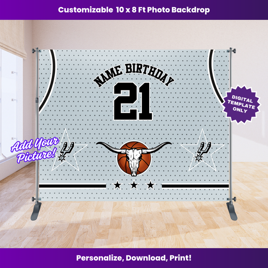 Spurs Basketball Birthday Backdrop Editable Template (10x8 ft)